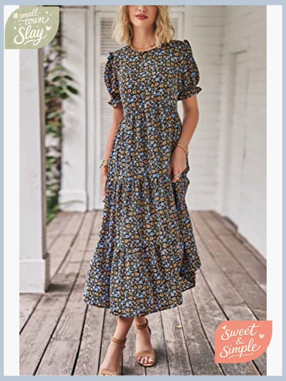 Summer Floral Midi Sun Dress Puff Short Sleeve Flowy Beach Vacation - Picture 6 of 7